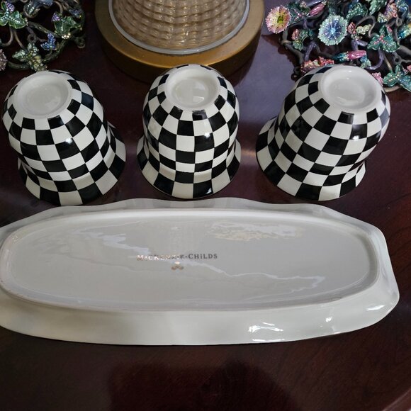 RARE 3 MACKENZIE CHILDS COURTLY CHECK BLACK TIE CERAMIC HERB POT CONTAINER TRAY - Picture 13 of 14